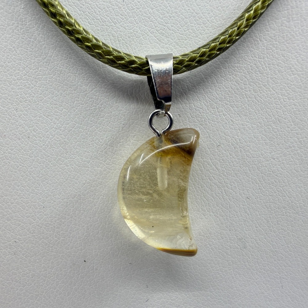 Moon Pendant Necklace Olive Braided Cord Celestial Gemstone Bohemian Minimalist